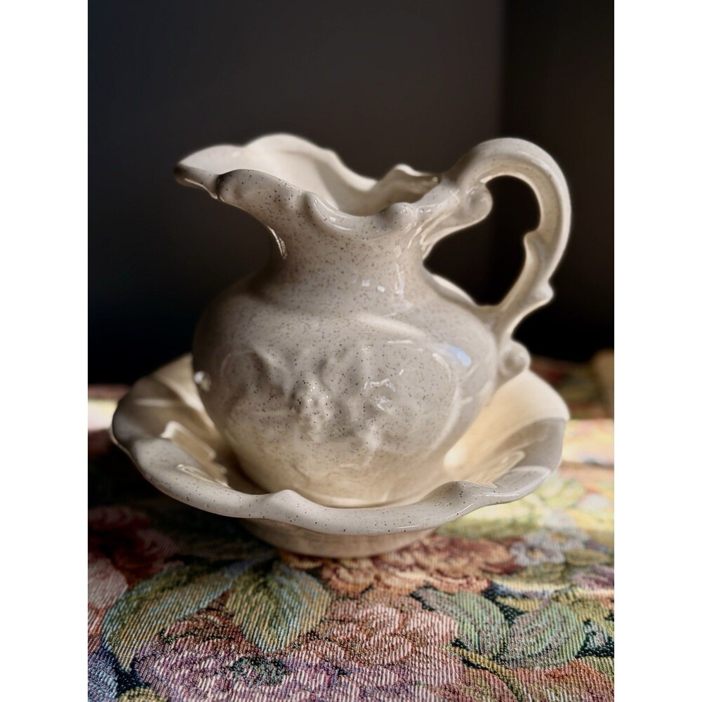 Vintage McCoy USA Pottery Pitcher & Wash Basin Set, Speckled Ivory Ceramic